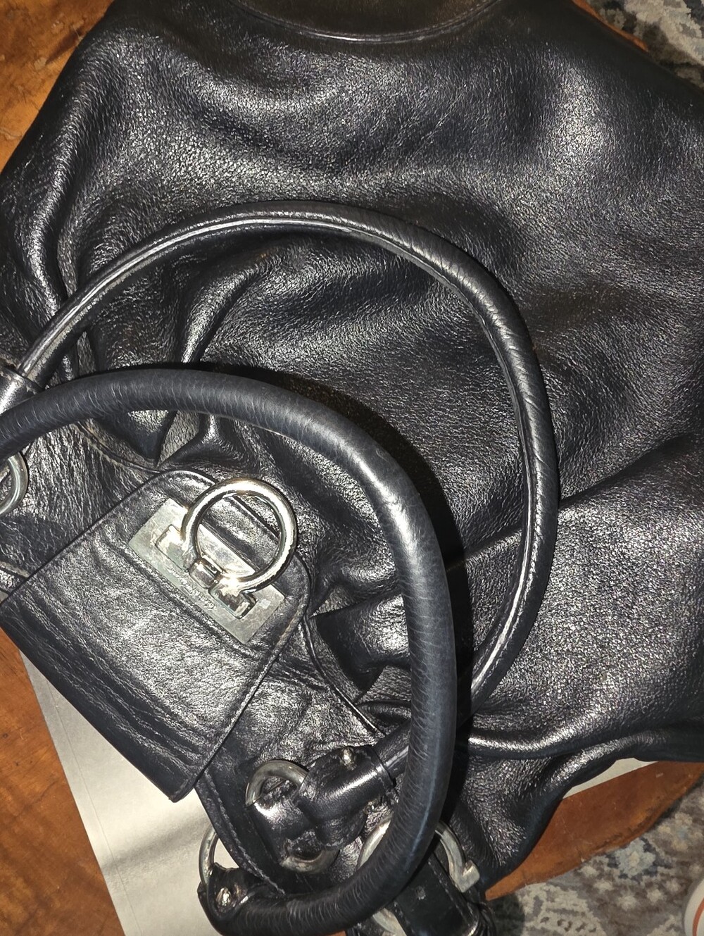 Salvatore Ferragamo Black Leather Ring-Accent Shoulder Bag - Picture 6 of 10